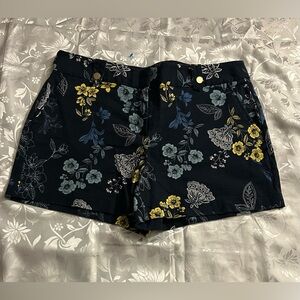 LOFT 4" Floral Print Shorts Size 10, Navy Blue with Yellow & Teal Flowers.